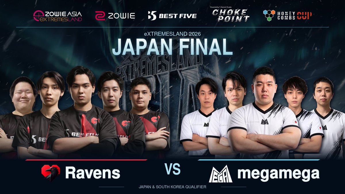 BestFiveCS's tweet photo. 🔥 いよいよ明日！eXTREMESLAND 2026 日韓予選・最終決戦！

🇯🇵 12:00～ 日本決勝：Ravens vs megamega
宿敵同士、再び激突！🔥
日本CSシーンを代表するライバル同士が、日本王者の座を懸けて再び対決！

🇯🇵🇰🇷 続いて、日本王者 vs 韓国王者！
勝者は eXTREMESLAND 2026 上海本戦 への唯一の出場枠を獲得します！

📺 実況・解説：BlackWiz & Violet
https://t.co/ihMysJs5z7
🎥 公式配信（実況・解説なし）
https://t.co/kJsjrOVluT

📍 現地観戦：eSports Studio AKIBA
🕦 観客入場は11:30から可能です！
来場登録フォーム：
https://t.co/pbsbZLwkKc

会場利用規約：
https://t.co/4agaodhkF7