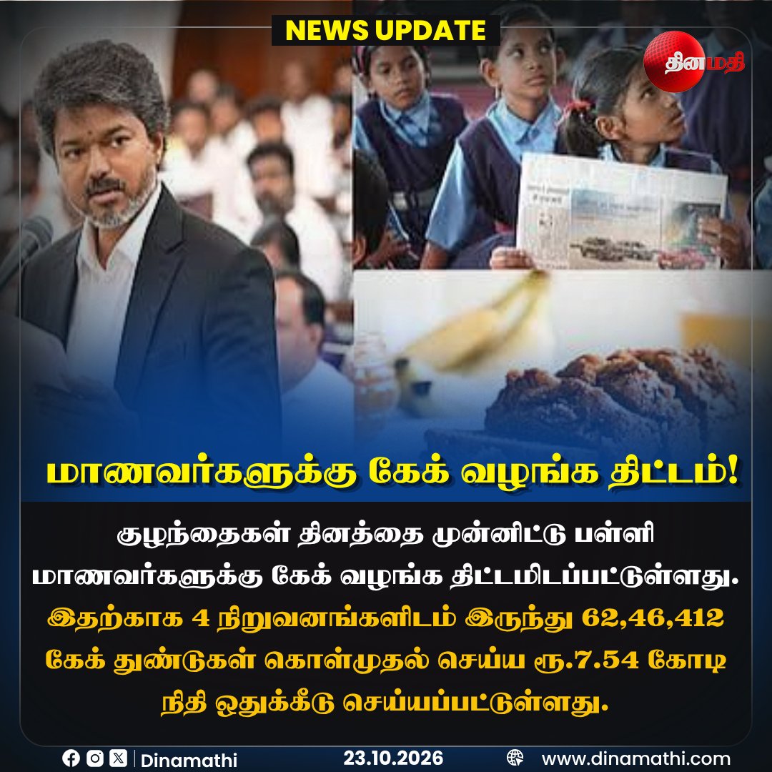 Dinamathii's tweet photo. மாணவர்களுக்கு கேக் வழங்க திட்டம்!
#ChildrensDay #SchoolStudents #CakeDistribution #TamilNaduSchools #EducationNews #Dinamathi https://t.co/jZcDjiPOUA
