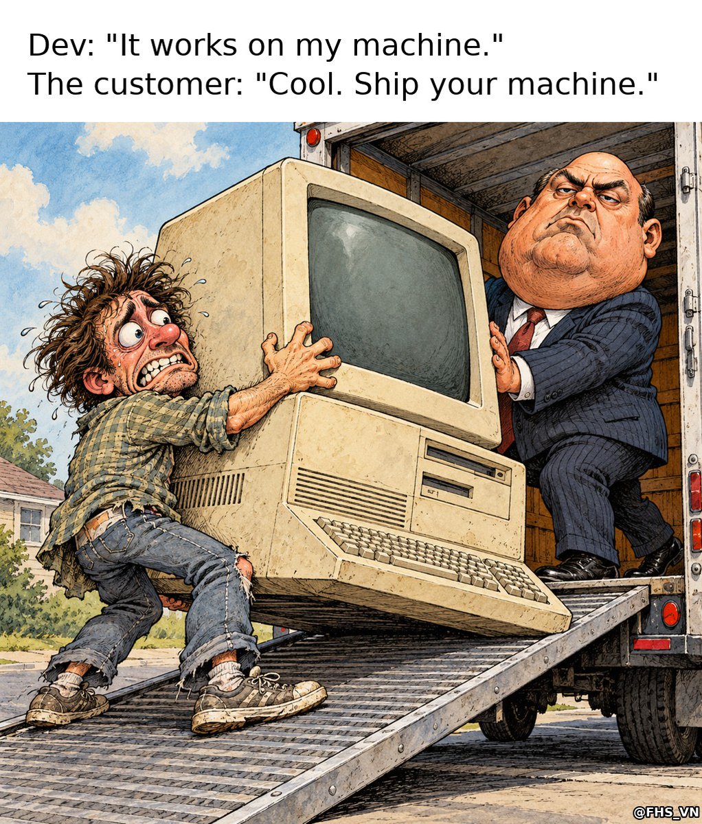 FHS_VN's tweet photo. Ship the machine, ship the dev. Who's bringing the laptop to the customer? π
#DevHumor #ProgrammerHumor https://t.co/30NAZvkhyf