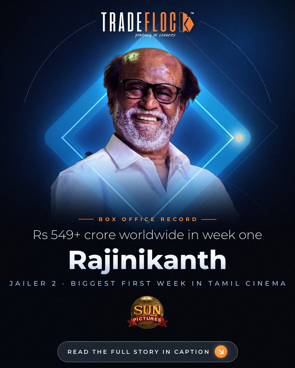 TradeFlock's tweet photo. Rs 549+ crore in seven days.

@sunpictures says @rajinikanth's Jailer 2 has posted the highest-grossing first week in Tamil cinema history, with @Nelsondilpkumar directing and @anirudhofficial on music.

One star, one franchise, packed theatres. https://t.co/JeeWN4AR0s
