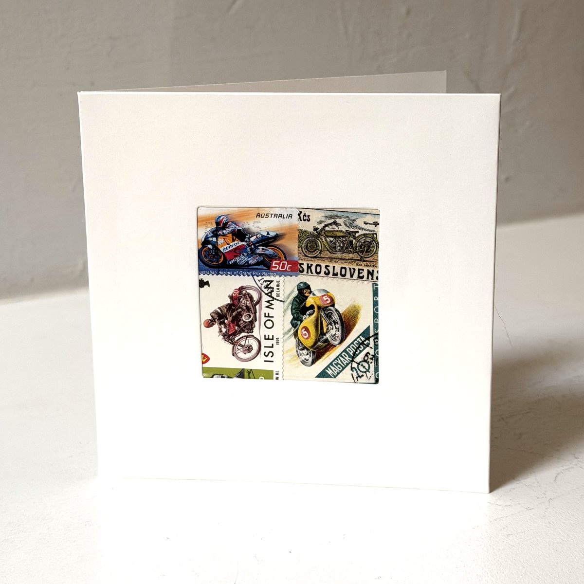 08sol17's tweet photo. A handmade card featuring authentic vintage motorcycle stamps, made for riders, collectors, and two-wheel adventurers. Perfect for birthdays, milestones, thank-yous, retirement gifts, or a unique surprise for your favourite biker. https://t.co/ViWedwZNDU
