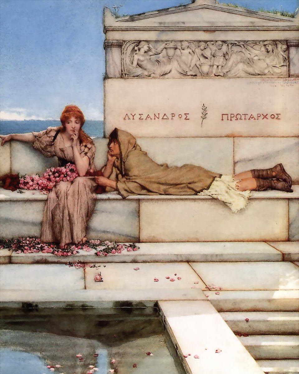 JamieyiArmstNke's tweet photo. Xanthe &amp; Phaon by Sir Lawrence Alma-Tadema, 1883. A mythic scene of Phaon, transformed by Aphrodite’s gift, gazing upon Xanthe, daughter of Oceanus and Tethys. https://t.co/PjxYNZvklK