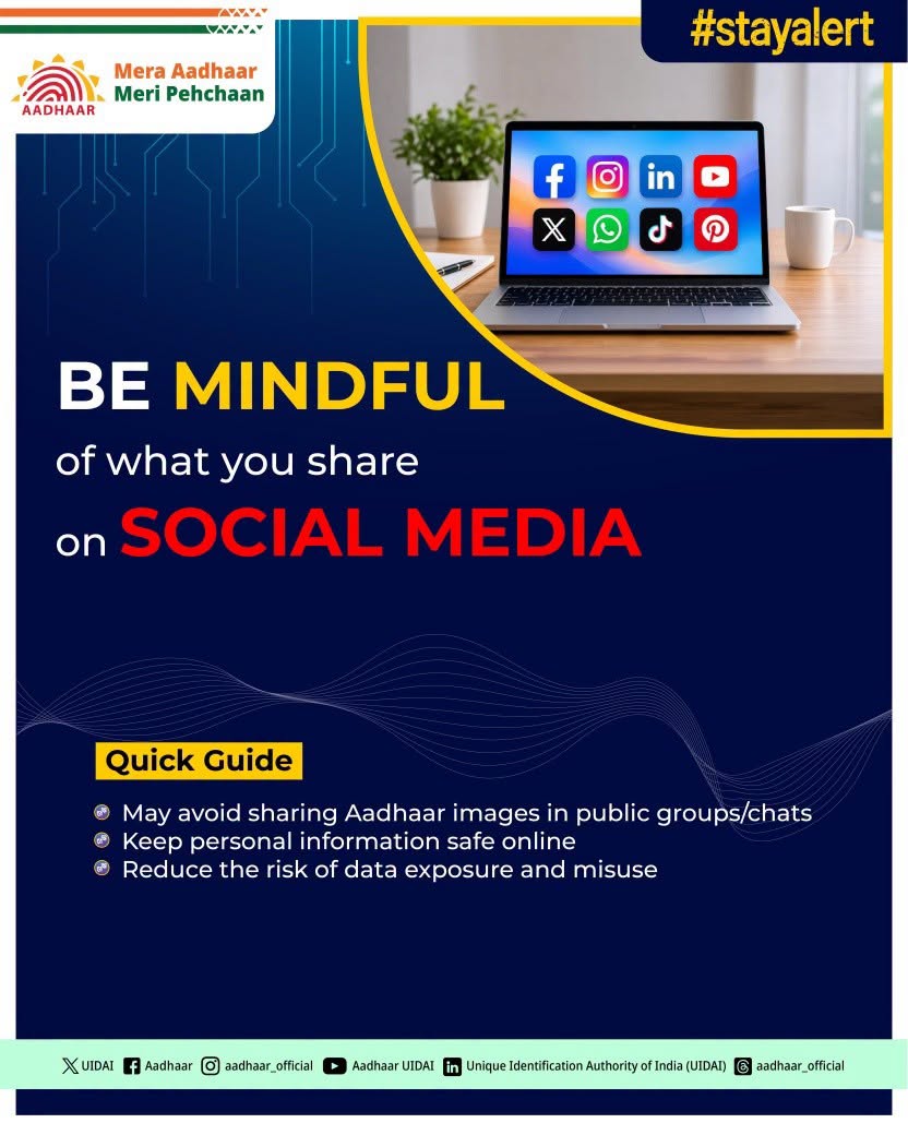 UIDAIMumbai's tweet photo. સોશિયલ મીડિયાનો ઉપયોગ તમારા આનંદની ક્ષણો અને અનુભવોને વહેંચવા માટે કરો, પરંતુ તમારી અંગત અને સંવેદનશીલ માહિતી જાહેર કરવાથી બચો. જાહેર જૂથો અને ચેટમાં કોઈપણ માહિતી પોસ્ટ કરતી વખતે અથવા શેર કરતી વખતે સાવચેતી રાખો.
#આધાર #UIDAI #સોશિયલમીડિયાસુરક્ષા #ડિજિટલસુરક્ષા https://t.co/J5qmmWqEwk