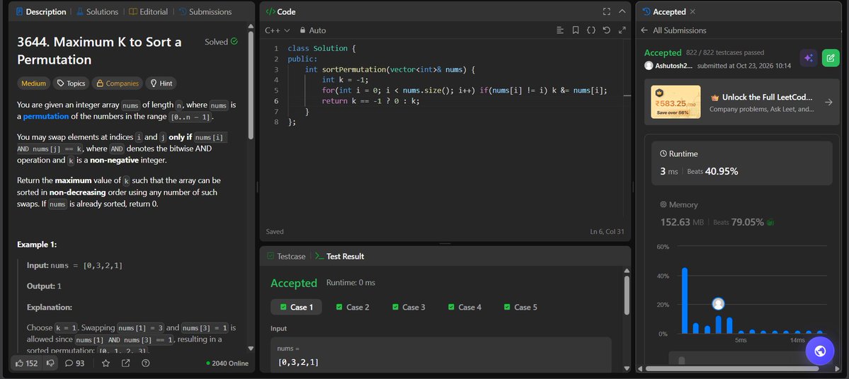 AshutoshP2128's tweet photo. 💻 Day-333/365 series of Consistent-Coding-Daily-DSA! 💻

✅ Maximum K to Sort a Permutation (LC) [T/C-O(n), S/C-O(1)]

💾 Code Repository: https://t.co/oJCS4JXr30

#365DaysOfDSA #DSA #LeetCode #GeeksforGeeks #CodingChallenge #ProblemSolving #Consistency #CodeEveryday https://t.co/XRDBse6gDF