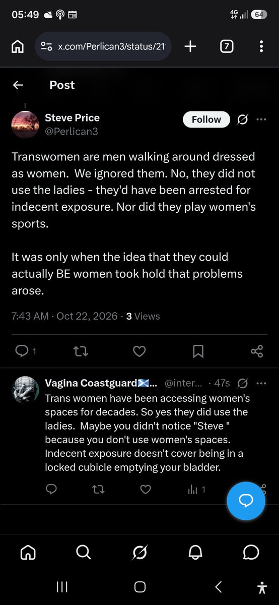 intergeri's tweet photo. You gotta love when a male tells a female who's been using women's spaces and who hasn't. 
Not sure what the indecent exposure is about.  Maybe Steve thinks the ladies has a trough we all squat over? https://t.co/GWAoX6I01H