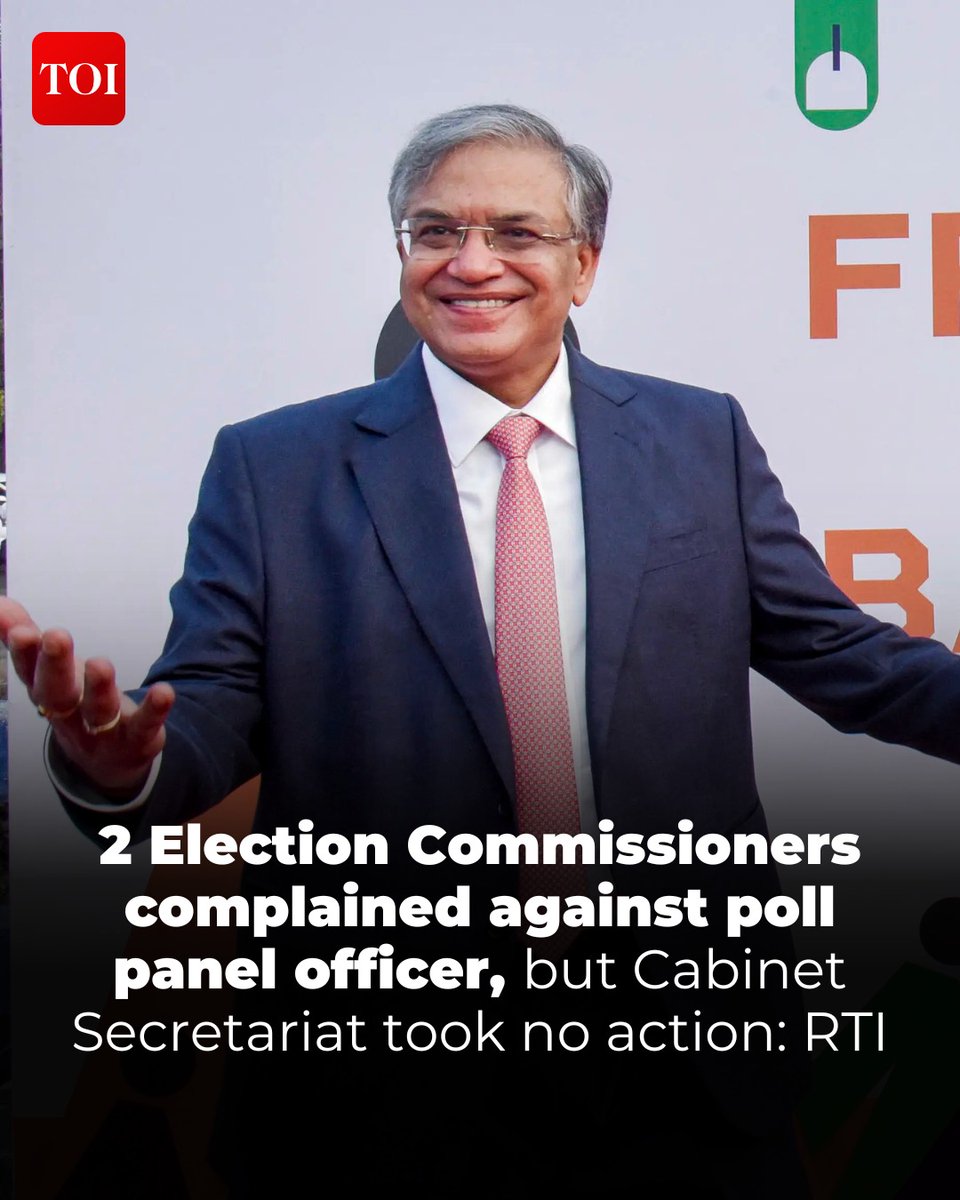 timesofindia's tweet photo. The Cabinet Secretariat did not take any action on complaints filed by two election commissioners against an officer in the #ElectionCommission, saying the letters were written in their “individual capacity” and did not represent the poll panel as a whole, according to documents released in response to an #RTI application.

Details here 🔗 https://t.co/YvevSxyLFQ

Don’t miss the complete coverage - get the TOI App 👉 https://t.co/ogFaRsVinV