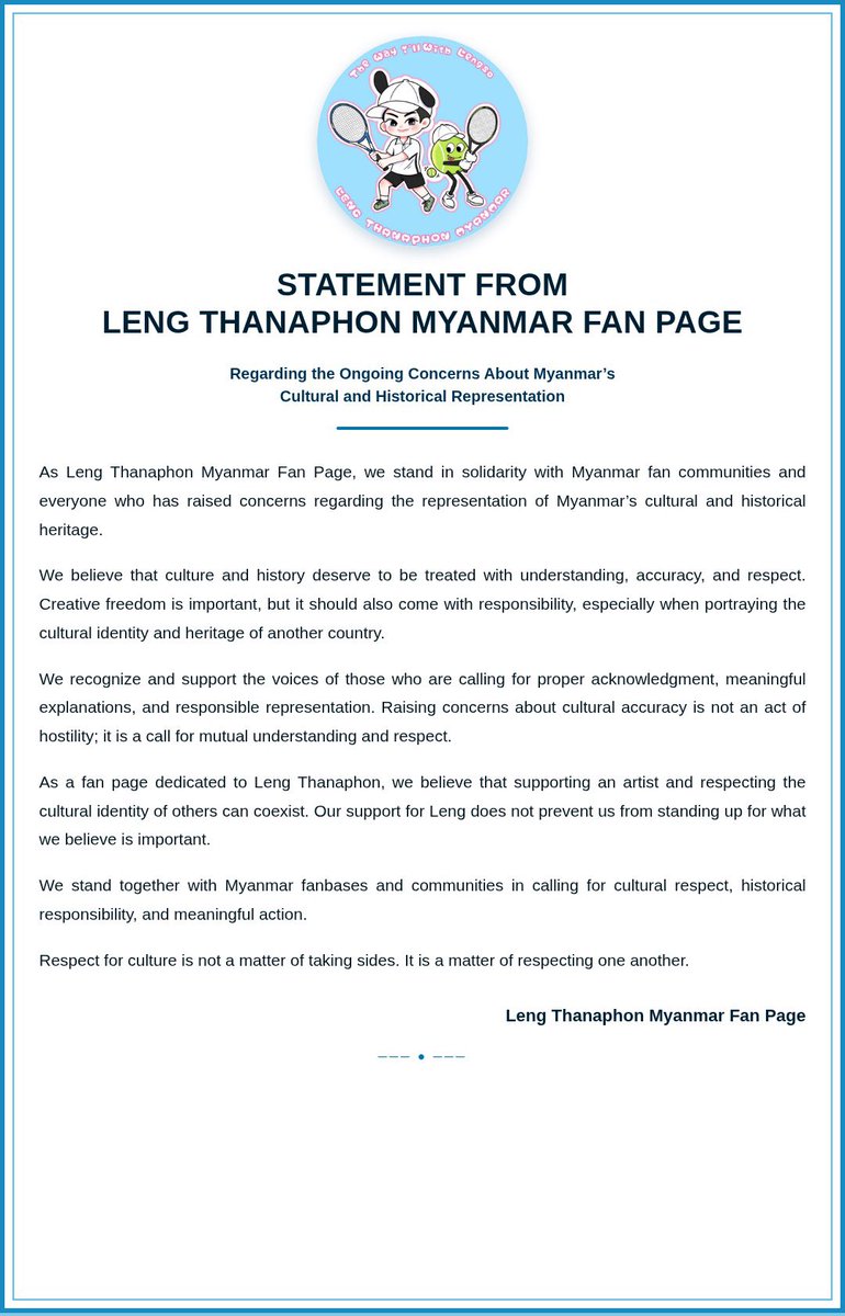 theway_lengso's tweet photo. [ Statement from Leng Thanaphon Myanmar Fanbase ] 

We hope our cultural heritage will be treated with understanding, respect, and responsibility.

GMMTV RESPECT OUR CULTURE

#RespectMyanmarCulture
#CreditOurHeritage https://t.co/zr7XIyQrfx
