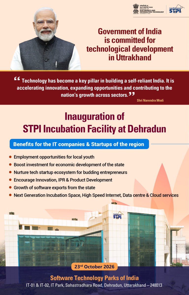 stpiindia's tweet photo. 📰 Inauguration of STPI Incubation Facility  at Dehradun | Featured in Leading National Newspapers

🎉Get ready to witness a new milestone in Uttarakhand’s technology journey! 

Inauguration of STPI’s new state-of-the-art Incubation Facility marks a significant step towards strengthening Uttarakhand’s startup ecosystem, fostering entrepreneurship and advancing technology-led growth in the region.

🔗 Read the coverage here: https://t.co/AYkkYQhoJD

#STPI #Dehradun #Uttarakhand #STPIInTheNews #StartupEcosystem #Incubation #Innovation #DigitalIndia #ViksitBharat

@PMOIndia @pushkardhami @AshwiniVaishnaw @JitinPrasada @SecretaryMEITY @arvindtw @ganeshjoshibjp @ThePradeepBatra @GovtUttarakhand  @StpiDehradun @GoI_MeitY @_DigitalIndia @NeGD_GoI @stpinext