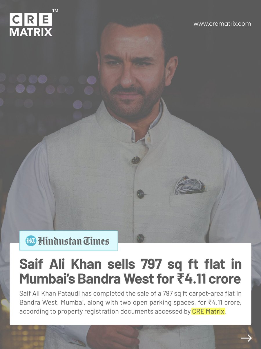 CreMatrix's tweet photo. According to documents accessed by https://t.co/xP5pO4gGdC, @SaifAliKhanOff has completed the sale of a 797 sq ft carpet-area flat in Bandra West, Mumbai, for ₹4.11 crore.

#SaifAliKhan #CREMatrix #MumbaiRealEstate #BandraWest #CelebrityRealEstate #RealEstateIndia https://t.co/QW6eWCaVmj