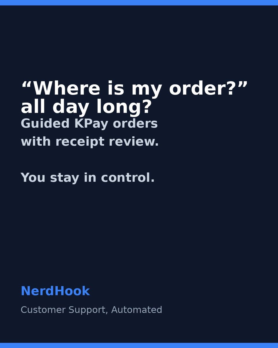 needhook554's tweet photo. “Where is my order?” all day?

Guided KPay: customers see transfer details, upload receipt for your review, track status.

You approve every step. No fund processing.

Try it → https://t.co/3pbJsXa0qY

#OrderStatus #KPay https://t.co/6EUAhsBluQ