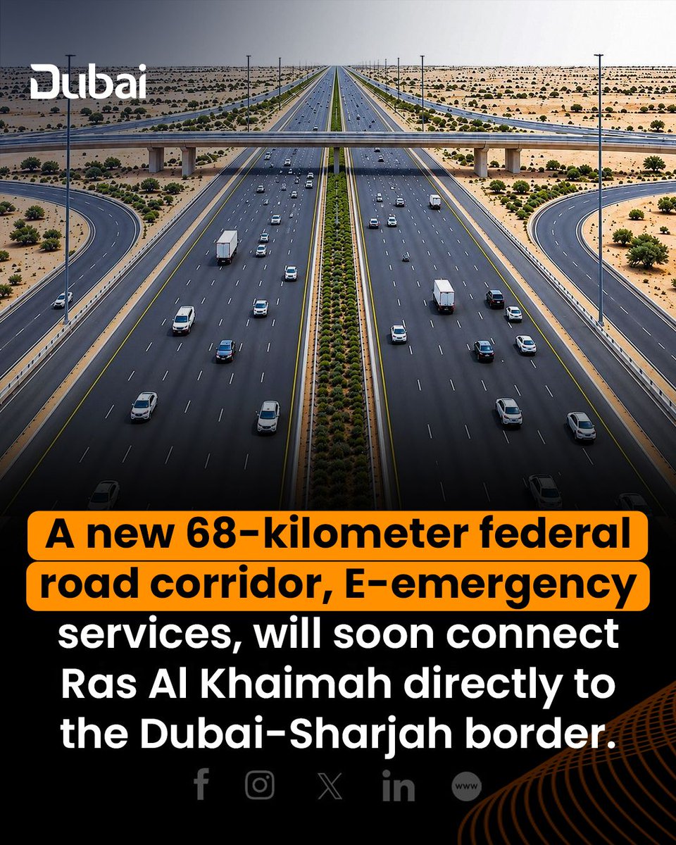 dubaikeyinsight's tweet photo. The UAE is advancing plans for the proposed 68km E-911 federal highway connecting the Dubai-Sharjah border to Ras Al Khaimah. The route is planned to have up to 16 lanes, plus an eight-kilometre link to Emirates Road in Umm Al Quwain. 

#UAE #E911 #RasAlKhaimah #Infrastructure https://t.co/m1VPz3NQ4o