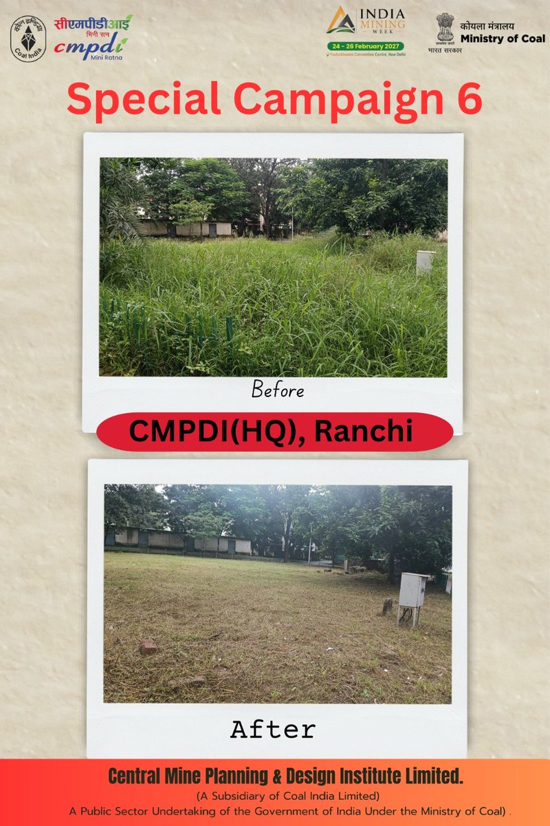 cmpdil's tweet photo. Special Campaign 6

As part of Special Campaign 6, CMPDI is actively promoting cleanliness, proper upkeep of workplaces and the effective management of public spaces.

The Before and After photographs highlight the visible transformation achieved through cleanliness and maintenance activities at CMPDI(HQ) sports ground, reflecting CMPDI’s commitment to a cleaner, more organised and sustainable work environment.

Small efforts, visible changes, lasting impact

#SpecialCampaign6

@kishanreddybjp @satishdubeyy @CoalMinistry @MinesMinIndia @CoalIndiaHQ @DARPG_GoI @MoHUA_India @DoWRRDGR_MoJS