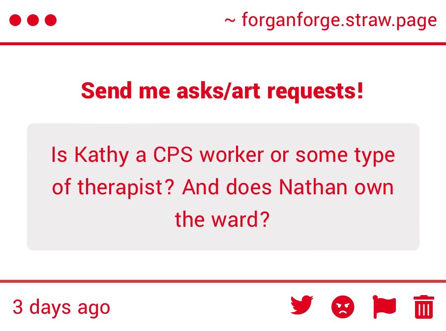 forganforge's tweet photo. 5: Kathy’s a therapist and Nathan’s a dietician; the hospital in this au is far more successful than the Undervale Hotel in canon, it’s owned by a CEO
6: kid voice, but it’s often hoarse for how much he he yells

(2/3) https://t.co/5Clxgp25wi