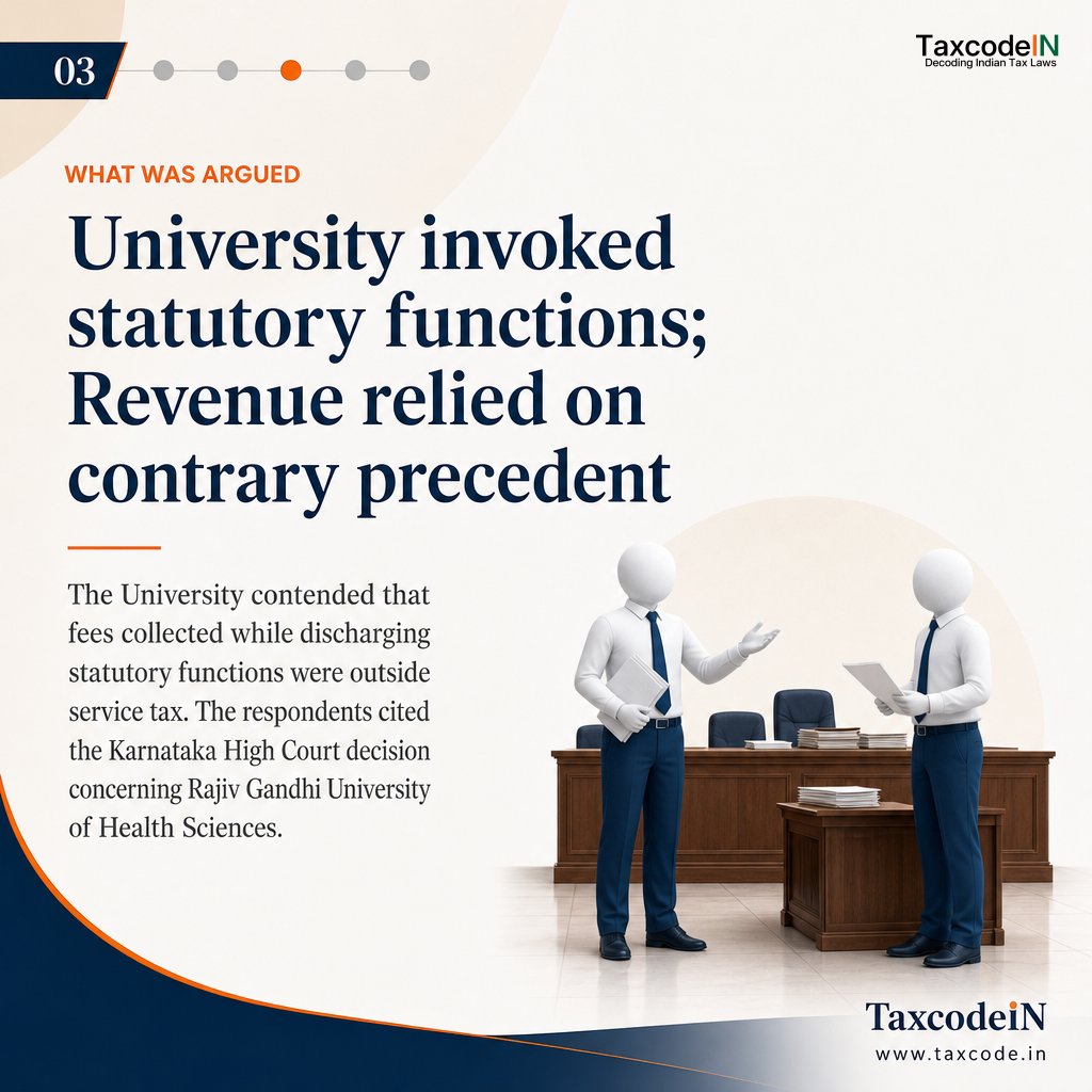 taxcodeIN's tweet photo. Andhra Pradesh HC: Service-tax assessment was unsustainable insofar as it taxed a university’s affiliation, recognition, inspection and allied receipts under the Finance Act, 1994. The writ petition was allowed.

Read here: https://t.co/sjeiYyKvBX

#ServiceTax #TaxLaw #GST https://t.co/UNhfq7i1wS