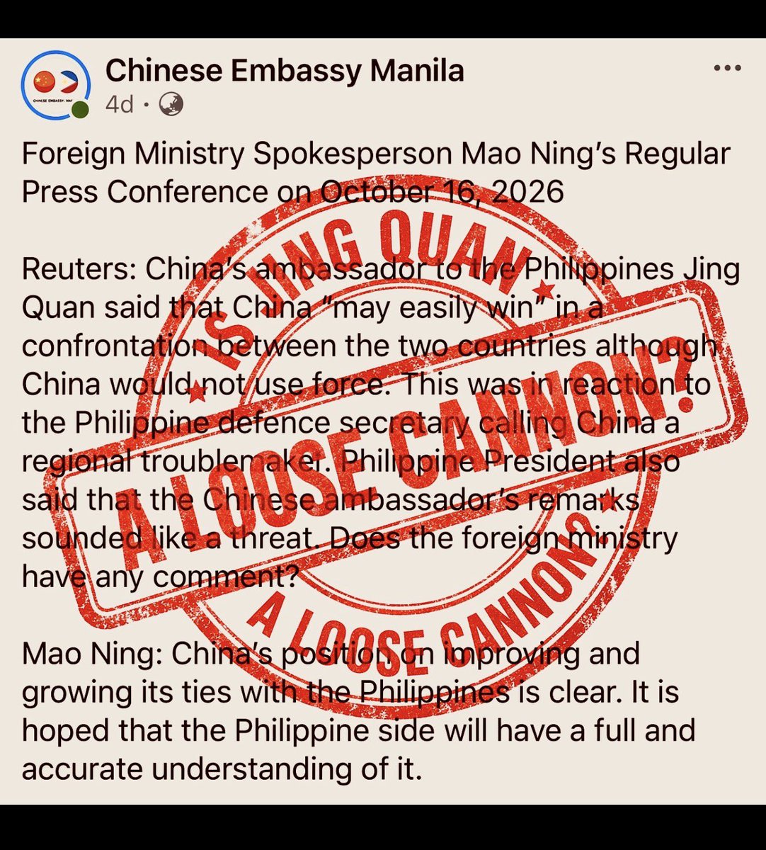 jaytaryela's tweet photo. Chinese MOFA talked about China's position on "improving and growing its ties with the Philippines" instead of defending Ambassador Jing Quan. Does this mean MOFA is putting distance between itself and its own envoy?

That leaves an obvious question: if the ambassador's words reflect Beijing's policy, why would the Foreign Ministry not say so? And if they don't, then who exactly is Ambassador Jing speaking for? Is he a loose cannon that the Chinese Embassy in Manila is now scrambling to reframe?