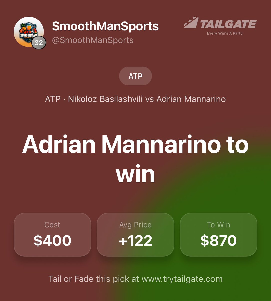 SmoothManSports's tweet photo. 🍒 #ATPBrussels 🇧🇪 x 🍎 #ATPAlmaty 🇰🇿 | Friday Card 🎾
Just a couple of indoor gods:
🍎 2U 🇫🇷 Adrian Mannarino ML (+122/2.22)
🍒 2U 🇳🇱 Tallon Griekspoor +1.5 Sets (-122/1.82)
🍒 1U 🇳🇱 Tallon Griekspoor ML (+245/3.45)
BLENDER thinks the Griekspoor edge is massive 👀.
Gulp.
Best of luck, Super Team.
🍒 You can tail every play on @thetailgateapp, where I'm getting the best pricing I can find, withdrawals that hit immediately, and rewards that flow back to users. Code SMOOTH gets you in and supports the work I'm doing here.
🍎 And if you want the receipts, every Official Play is independently tracked and verified on @SharpCircleBet, so you can follow the card and hold me to every result.
Trust the system; cash the slips.
🍒🍎🍒🍎🍒🍎