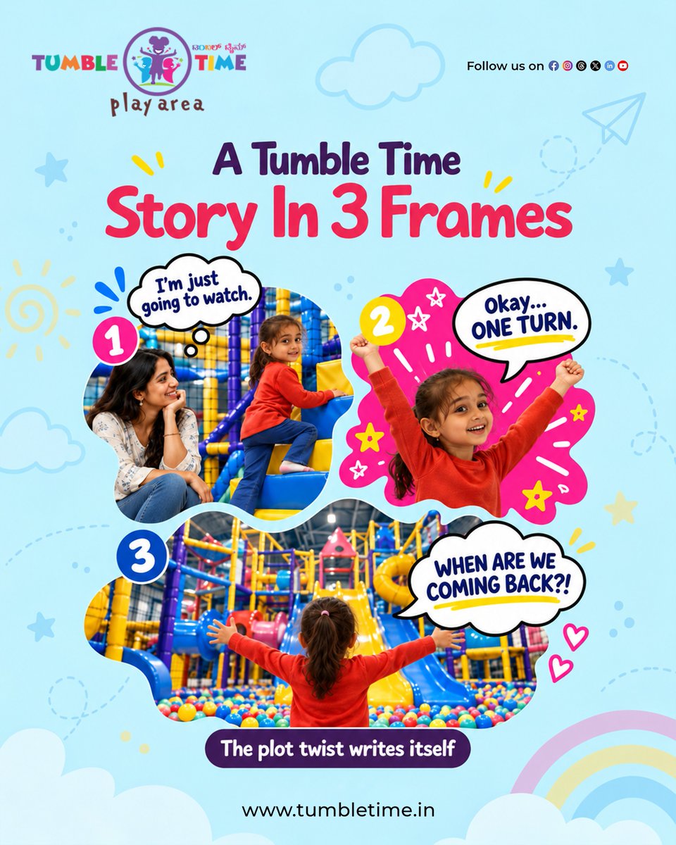 tumbletimeplay's tweet photo. Every great adventure has a plot twist.

At Tumble Time, it starts with “I’m just going to watch,” turns into “Okay, one turn,” and ends with “When are we coming back?”

📞 Call: +91 97314 19229

#TumbleTime #PlayArea #KidsPlay #IndoorPlayArea #KidsActivities #Playtime #FamilyFun https://t.co/6Fa8NlLJAo