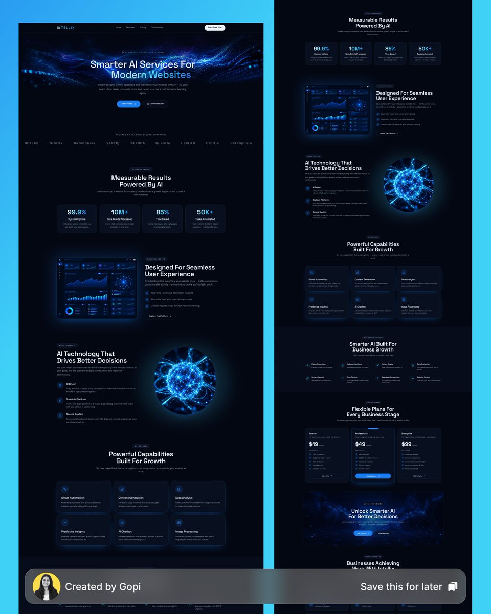 gopiuiux's tweet photo. π Smarter AI Services for Modern Websites
A modern, futuristic website design crafted to showcase AI-powered solutions through sleek dark visuals, vibrant blue accents, intuitive layouts, and a seamless user experience.
π Portfolio & Links: https://t.co/6qu6wtU2tt
#UIDesign https://t.co/G3lFeanRpG
