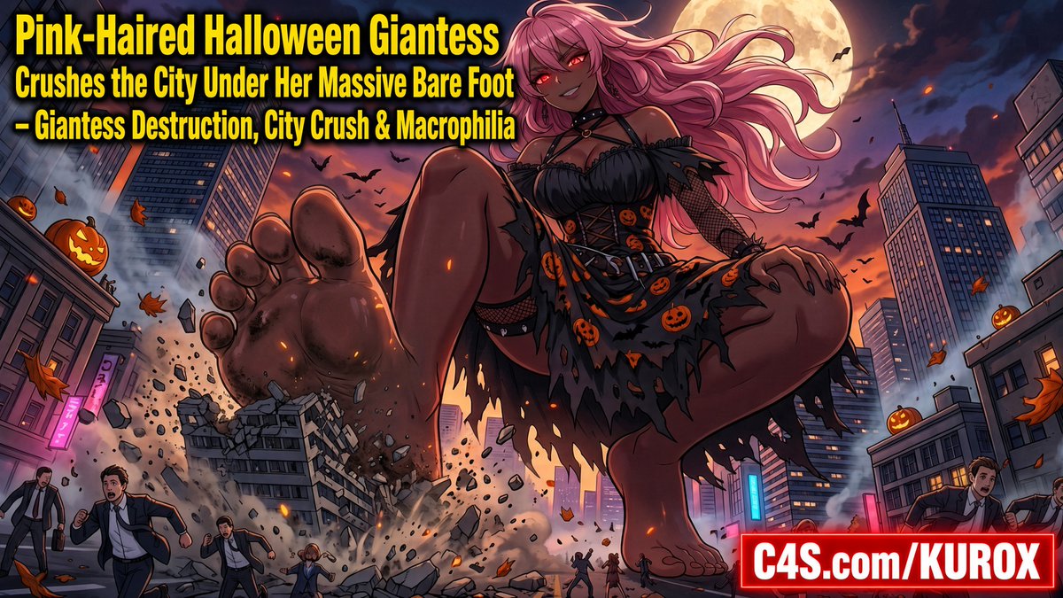 rtfeetcuckold's tweet photo. Halloween night. Full moon. Pink-haired giantess in a pumpkin dress.Her bare foot comes down on the city.Buildings collapse. Tiny people run.Classic giantess city crush.Full clip on C4S 
link in reply.#Giantess #Macrophilia https://t.co/NkzQuSP1Xx