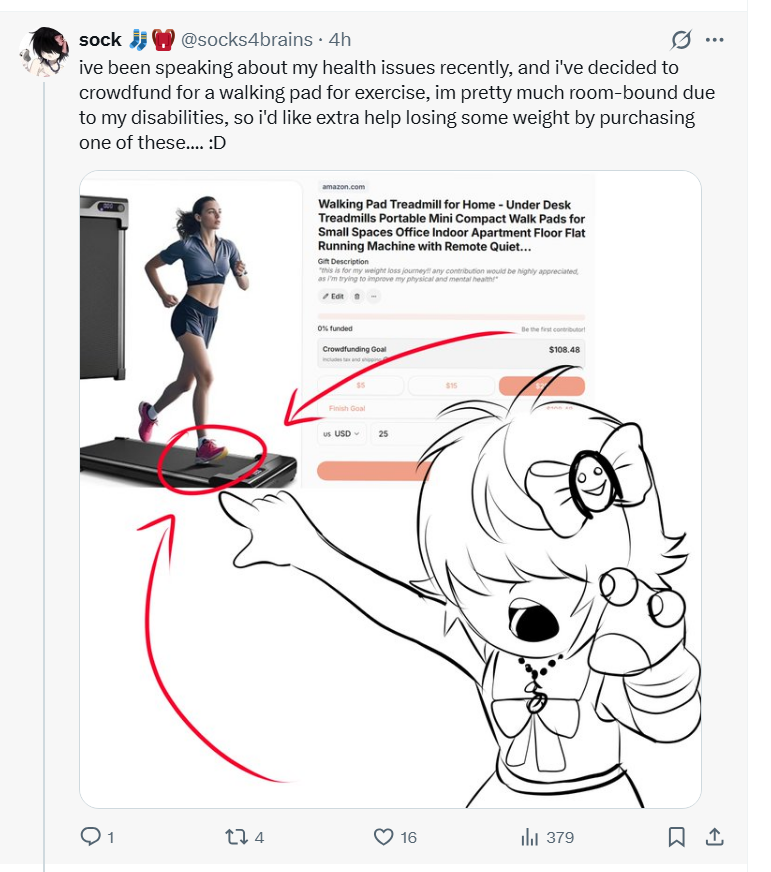 tetalyse's tweet photo. this is my last fucking straw, i am DONE. this person is trying to larp my life. I made a post 2 weeks ago saying basically the same thing because I am ACTUALLY PHYSICALLY DISABLED and needed funds to buy myself a walking pad to help keep my body in check while being safe at home. which I was offering COMMS  for instead of asking random creepy old men to fund my lie.

This person has no physical disabilities... their mental disabilities do not affect their ability to walk or use their body, they have no reason to not go outside or walk around their yard or walk around the house other than they just dont want to. a kidney stone is genuinely their worst biggest physical issue, they have no other reason to be doing this. you are not "room bound" you are just fucking fat and being fat is NOT A DISABILITY. mind you the kidney stone was the "recent health issues" that again is not disability and this fucking saddens me.

I thought you were my friend and I thought you were a good person, but what do I get from you? constantly bombarded with complaints in a gc, having you secretively rip off my designs... and now I have you copying my disabilities and larping as if you are me??