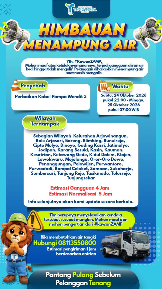 yusufgunawan's tweet photo. Himbauan menampung air untuk besok Sabtu, 24 Okt 2026 jam 22:00 - Minggu, 25 Okt 2026 jak 07:00 dikarenakan perbaikan kabel pompa Wendit. 

@infomalang https://t.co/YV2vNpcj5A