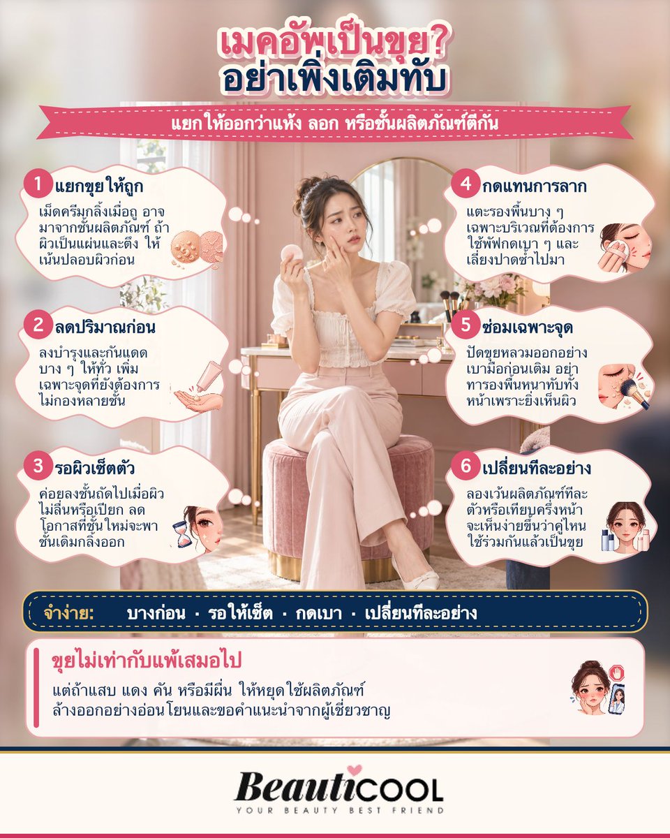 Beauticoolcom's tweet photo. เมคอัพเป็นขุยไม่ใช่สัญญาณให้เติมหนาขึ้นเสมอไป 💄 ลองลดปริมาณ รอแต่ละชั้นให้เซ็ต แล้วใช้พัฟกดเบา ๆ วันนี้ค่อยเปลี่ยนทีละอย่างก็พอ คุณเคยเป็นขุยตรงจุดไหนบ่อยที่สุด? #Beauticool #แต่งหน้า #เมคอัพเป็นขุย https://t.co/TfJEMqBhsh