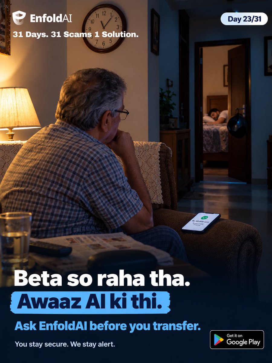 EnfoldAI's tweet photo. 11 PM. "Papa, accident ho gaya!" It sounded exactly like his son.
Rs 40,000 sent.

His son was asleep in the next room. The voice was AI.

Hang up. Call them back on their own number.

#31days31scams #voicecloning #enfoldai https://t.co/ucVWxd93oM