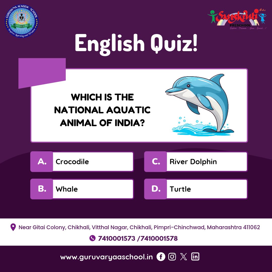 GuruvaryaP's tweet photo. 🐬ENGLISH QUIZ!🐬
❓Which is the National Aquatic Animal of India?
💡 Think carefully and test your knowledge! 🧠✨
#EnglishQuiz #GKQuiz #IndianNationalSymbols #GangesRiverDolphin #GuruvaryaAcademySchool #InspiresLearningAndWisdom https://t.co/Kr1IgIwo5m
