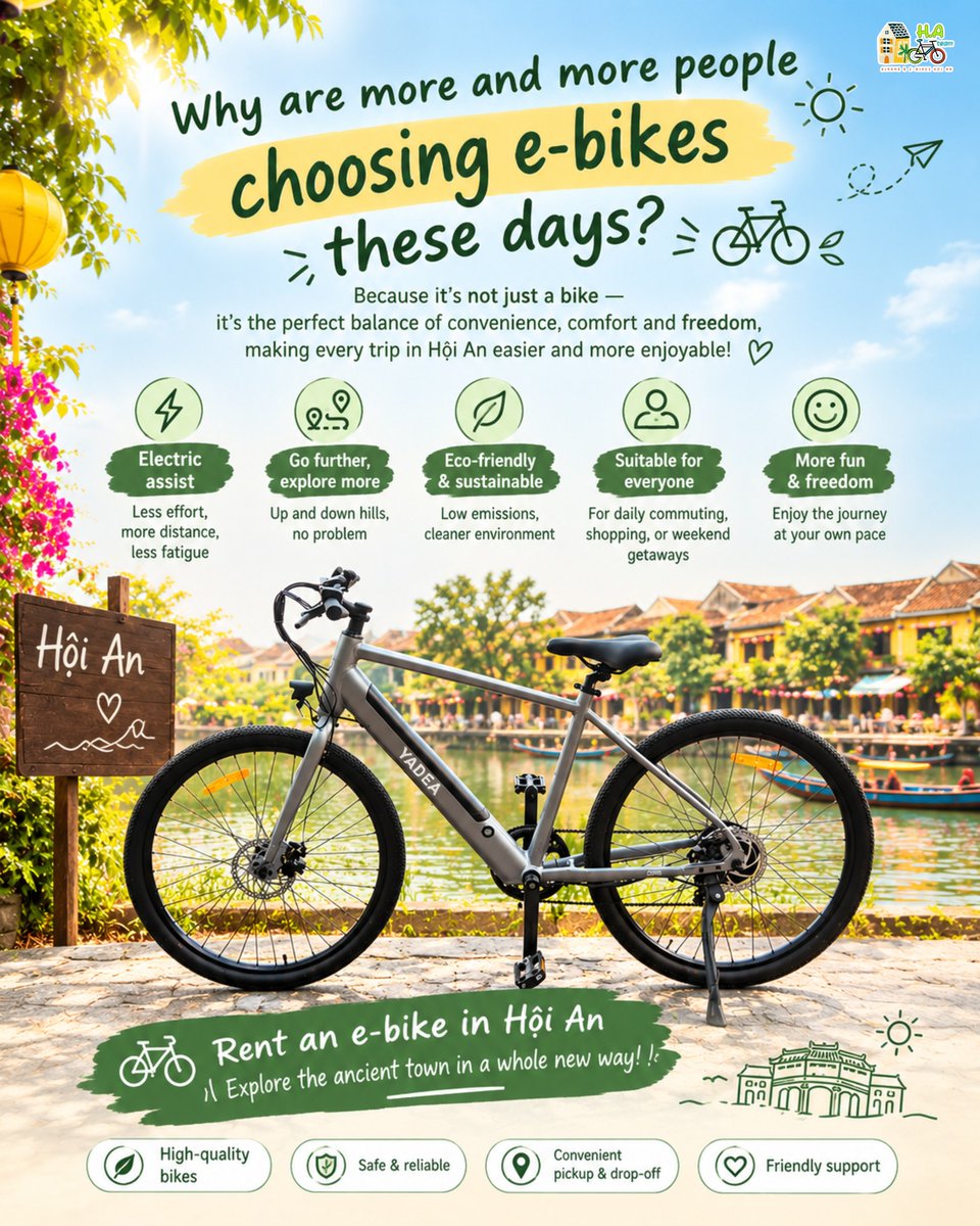 iphon3maniac's tweet photo. Why choose an e-bike in Hoi An? Go further with less effort. Explore Old Town, Tra Que Village, An Bang Beach, rice fields and sunset spots at your own pace. Easy, eco-friendly, comfortable and budget-friendly. https://t.co/WWywvUZys8