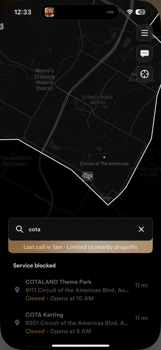 DavidMoss's tweet photo. Breaking:

Tesla Robotaxi expands operations in Austin, TX to now 1AM 
&amp; 
expands Geofence to also include Circuit of the America’s racetrack where Formula 1 will be taking place this weekend https://t.co/hCQtV75uML