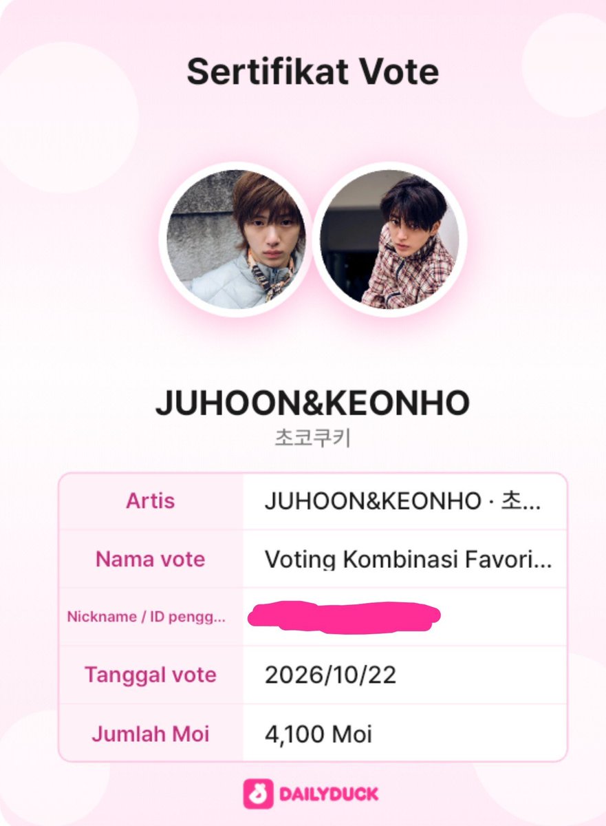 Eternaljuhoon's tweet photo. Jangan lupa vote keonho sama juhoon chococookie di daily duck guys🩷 

 #KEONHO #건호  #JUHOON #주훈 https://t.co/dvGbfXnC5Q