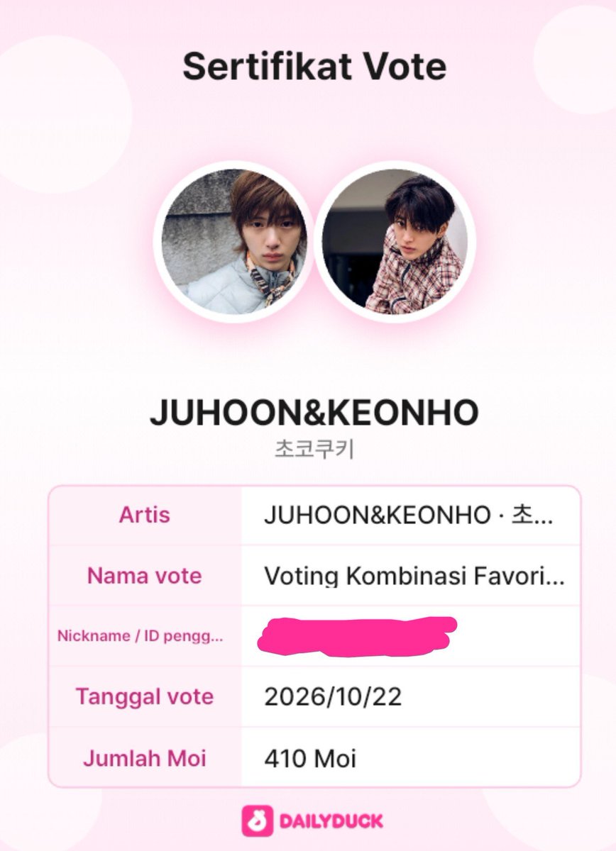 Eternaljuhoon's tweet photo. Jangan lupa vote keonho sama juhoon chococookie di daily duck guys🩷 

 #KEONHO #건호  #JUHOON #주훈 https://t.co/dvGbfXnC5Q