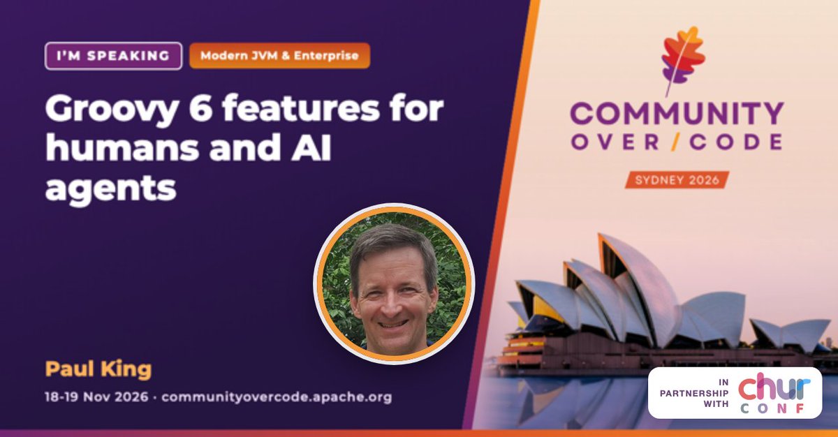 paulk_asert's tweet photo. Im speaking at Community Over Code Sydney 2026, 18 to 19 November on Groovy 6 features for humans and AI agents, but there are 30+ other talks on technologies that will impact our futures. Early bird tickets finishing soon!
https://t.co/nwhh4fRKJm
@TheASF @Chur_Conf https://t.co/yqrEKvFuqz