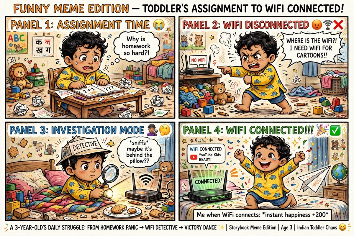 JishuRhino's tweet photo. Assignment se WiFi Connected Tak - 3 Saal Ke Boss Ka Struge
#FunnyBaby #ToddlerLife #MemeEdition #WiFiConnected #AssignmentStruggle #DesiParenting #MorningDrama #CuteChao https://t.co/8dcTeYvqH2