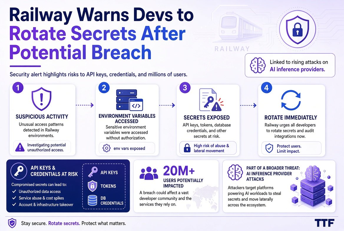 TheThreatForge's tweet photo. Railway urges all users to rotate secrets after potential breach of environment variables. Unauthorized access may have exposed decrypted API keys, DB credentials &amp; more.
Rotate everything now.
#Railway #DataBreach #Cybersecurity #Secrets https://t.co/LdWMF2vsYV