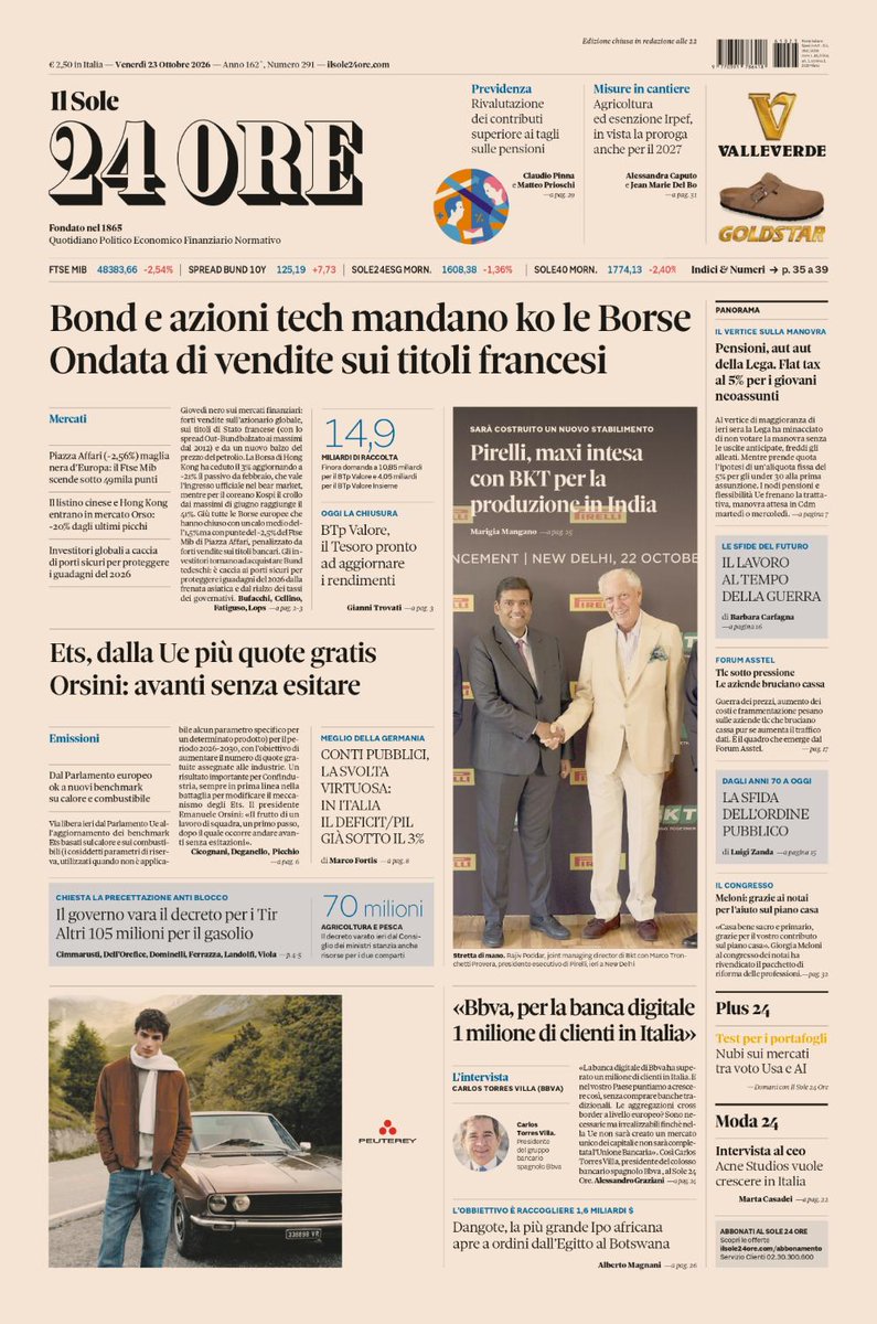 sole24ore's tweet photo. Sulla prima pagina de #IlSole24Ore di oggi, venerdì #23ottobre. Bond e azioni tech mandano ko le #Borse. #Pirelli, maxi intesa con BKT per la produzione in India. #Ets, dalla Ue più quote gratis.

#BuonaLettura #PrimaPagina https://t.co/VsEdss8wiA