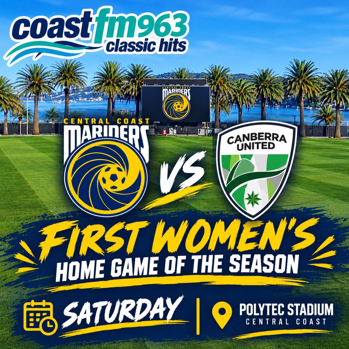ateamfootball's tweet photo. 💛💙 GAME DAY TOMORROW! ⚽🔥

@ccmarinersw 🆚 @CanberraUnited at @polytecstadium!

After a 4–2 opening win, can the girls make it two from two?

🎙️ @Lukejbyrne, Katrina Ashleigh &amp; NEW recruit @martinray_70 !

📻 LIVE from 2:30pm on @coastfm963 
🌐 https://t.co/WZ8TjGTdH1

#CCMFC https://t.co/JuXBFiLvAG