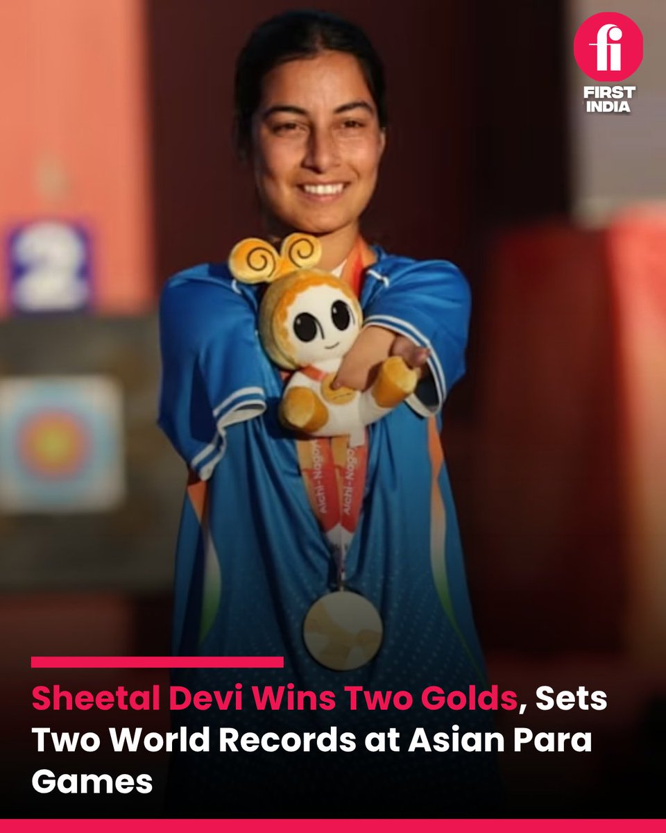 thefirstindia's tweet photo. Sheetal Devi shines at the Asian Para Games with two golds, a silver and two world records! She also defends her individual compound title. 

#SheetalDevi #AsianParaGames #ParaArchery #IndianSports #WorldRecords #IndiaPride https://t.co/Y0faJChNi8
