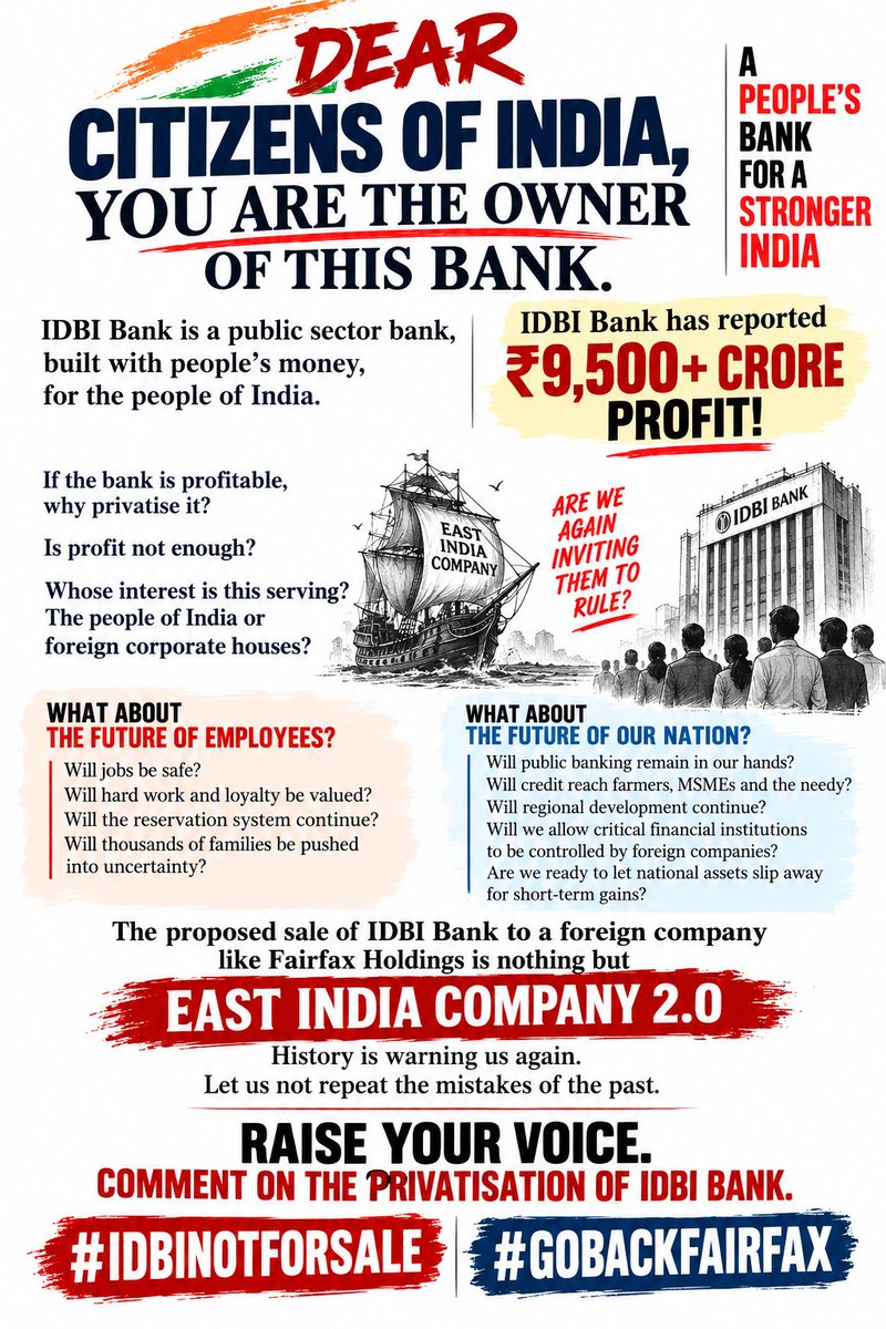 saveidbibank64's tweet photo. Post No.273 #GOBACKFAIRFAX
IDBI Bank reports ₹9,513 crore profit in FY 25-26. Why privatise a national asset?
What about employees’ future, reservation, public banking and our nation’s interests?
Are we inviting East India Company 2.0 into India?
 Citizens, raise your voice! Comment below.
#IDBINOTFORSALE