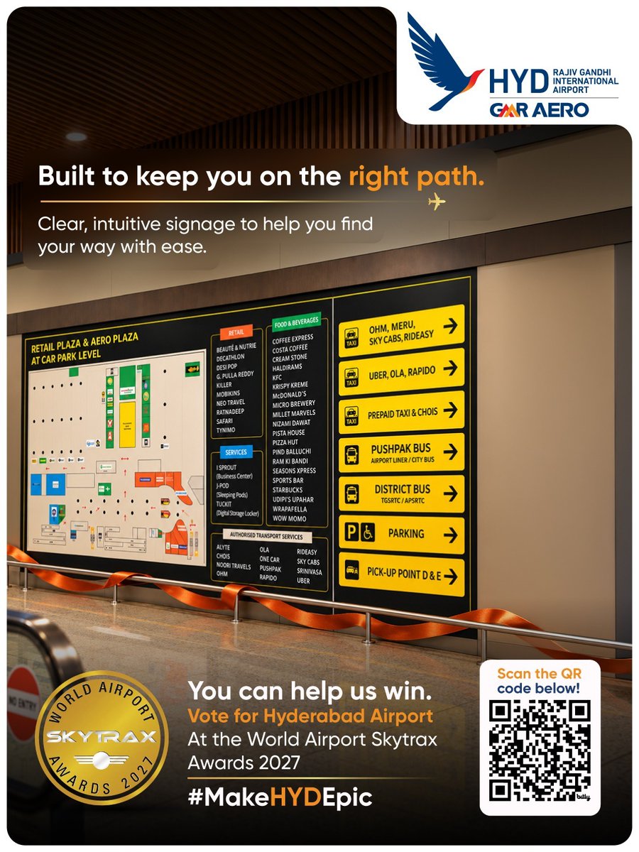 RGIAHyd's tweet photo. Getting around an airport should feel simple.

From your first turn to your final gate, clear and intuitive signage helps you know where to go, so you can spend less time figuring things out and more time getting where you need to be.

If we have been part of your journey, take a moment to support us by voting for Hyderabad Airport at the Skytrax World Airport Awards 2027: https://t.co/hnZd1ektbX

Let's #MakeHYDEpic together!

#HyderabadAirport #SkytraxWorldAirportAwards #Skytrax2027

@tourismgoi  @MoCA_GoI @RamMNK  @skytrax_uk
