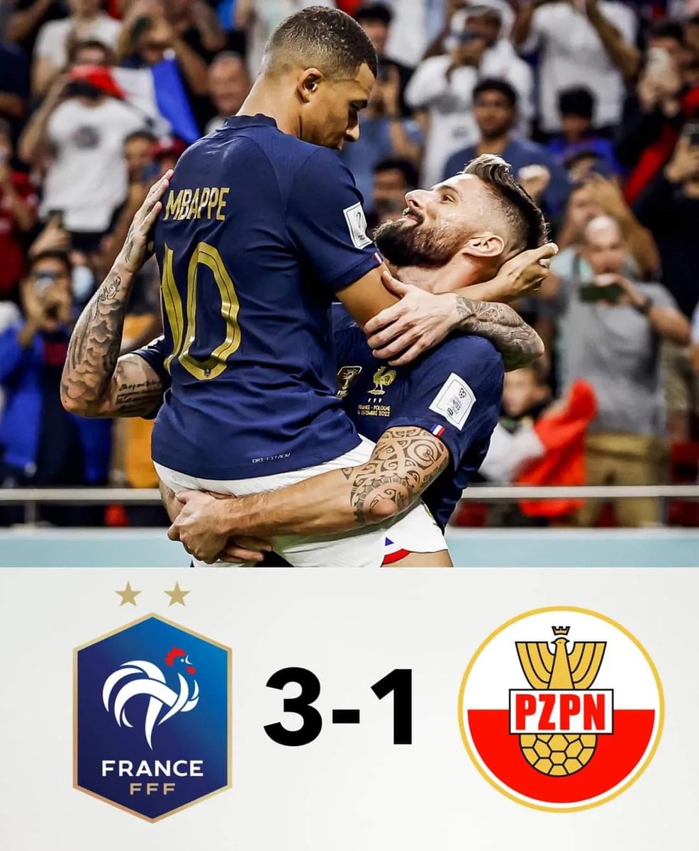 CollinKBCookK1X's tweet photo. Les Bleus s’imposent 3-1 face à la Pologne et décrochent leur qualification pour les quarts de finale de la Coupe du Monde. https://t.co/ruIalMTr2M