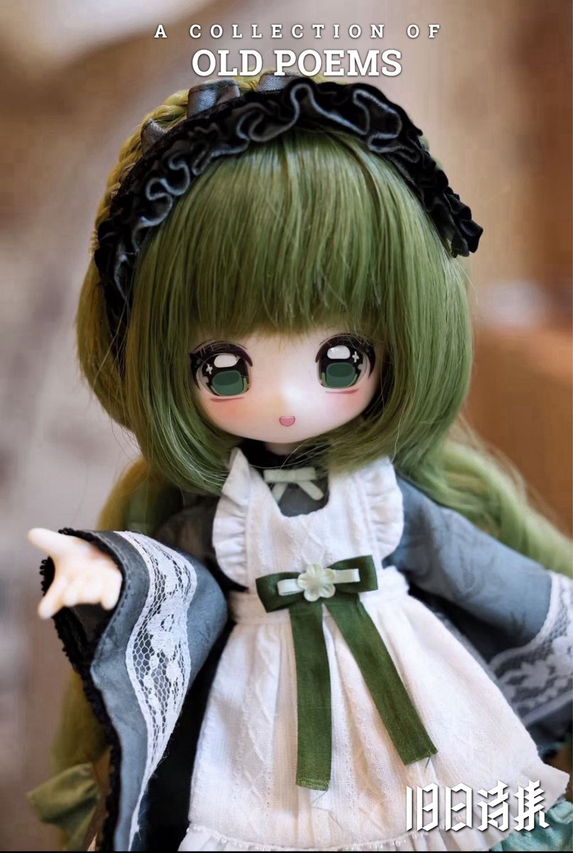 hermeow_shop's tweet photo. 🆕ブラインドドール新作ドール情報🆕
新鋭海外メーカーより、1/4スケールヘッド×1/6スケールボディ、植毛＆入れ目タイプのBJDブラインドドールシリーズ「旧日詩集｜OLD POEMS」をご紹介❣

今回登場するのは通常種類の「ブブ｜BUBU」🌸

さあさあ～！ブブ様特製の超濃厚抹茶ケーキを召し上がれ～！

素体のみサイズ約20cm、頭と耳を含む全高約30cm。
ラインナップは通常4種＋シークレット1種＋単品ドール1種。
頭部は着脱可能なウィッグ用後頭部（アイ交換対応）＋シリコン製ヘアキャップ＆植毛ウィッグ仕様で、市販の4分サイズウィッグにも対応。
アイメイクは量産品ではUVプリント、後頭部はマグネット着脱式です。

※画像は試作品です。最終的な仕上がりは製品版を基準としてください。
・耳は撮影時にサンプルを取り違えたため未掲載です。改めて撮影予定です。
・胸元のリボンのほつれは、製品版では改善されます。
・アイメイクは調整中でです。
・衣装と髪は工場製作のサンプルです。髪はシリコン製キャップへの植毛仕様で、1/4サイズ用ウィッグにも交換できます。撮影時は軽く整えたのみです。
・ヘッドは前後をマグネットで固定する仕様です。

※画像はサンプルです。最終仕様は量産品に準じます。
当店は正規代理店として、今年末予約受付開始予定です。続報をお楽しみに❣

本商品の関連ツイートはこちら：
https://t.co/OtO9hgNw8b