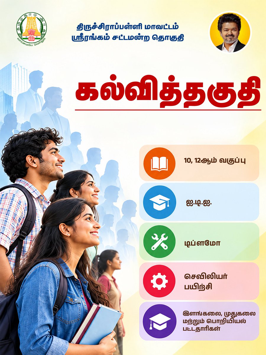 RameshOffcl's tweet photo. ஸ்ரீரங்கம் சட்டமன்றத் தொகுதியில் மாபெரும் வேலைவாய்ப்பு முகாம்!

மாண்புமிகு தமிழ்நாடு முதலமைச்சர் தளபதி திரு. ச. ஜோசப் விஜய் அவர்களின் நல்லாட்சியில், கடந்த மாதங்களில் ஸ்ரீரங்கம் சட்டமன்றத் தொகுதியில் நடைபெற்ற பொதுமக்கள் குறைதீர்ப்பு முகாம்களில், ஏராளமான இளைஞர்கள் தங்களுக்கான வேலைவாய்ப்புகளை உருவாக்கித் தருமாறு கோரிக்கை மனுக்களை அளித்திருந்தனர்.

இளைஞர்களின் கோரிக்கைகளை நிறைவேற்றி, அவர்களின் வாழ்வாதாரத்தை மேம்படுத்தும் நோக்கில், ஸ்ரீரங்கம் சட்டமன்றத் தொகுதியில் மாபெரும் வேலைவாய்ப்பு முகாம் நடைபெற உள்ளது.

ஸ்ரீரங்கம் தொகுதியைச் சேர்ந்த இளைஞர்கள், பட்டதாரிகள் மட்டுமின்றி, திருச்சிராப்பள்ளி மாவட்டம் முழுவதும் உள்ள இளைஞர்களும் பயன்பெறும் வகையில் பல்வேறு முன்னணி நிறுவனங்கள் இந்த முகாமில் பங்கேற்க உள்ளன.

இளைஞர்களின் எதிர்காலத்தை வளமாக்கும் இந்த அரிய வாய்ப்பைப் பயன்படுத்தி, தங்களுக்கான வேலைவாய்ப்புகளைப் பெற்று வாழ்வில் முன்னேறிட அனைவரையும் அன்புடன் அழைக்கிறேன்!

இளைஞர்களின் கனவுகளுக்கு வாய்ப்பளிப்போம்!
வேலைவாய்ப்பை உருவாக்கி வளமான எதிர்காலத்தை அமைப்போம்!

@CMOTamilnadu | @TVKVijayHQ