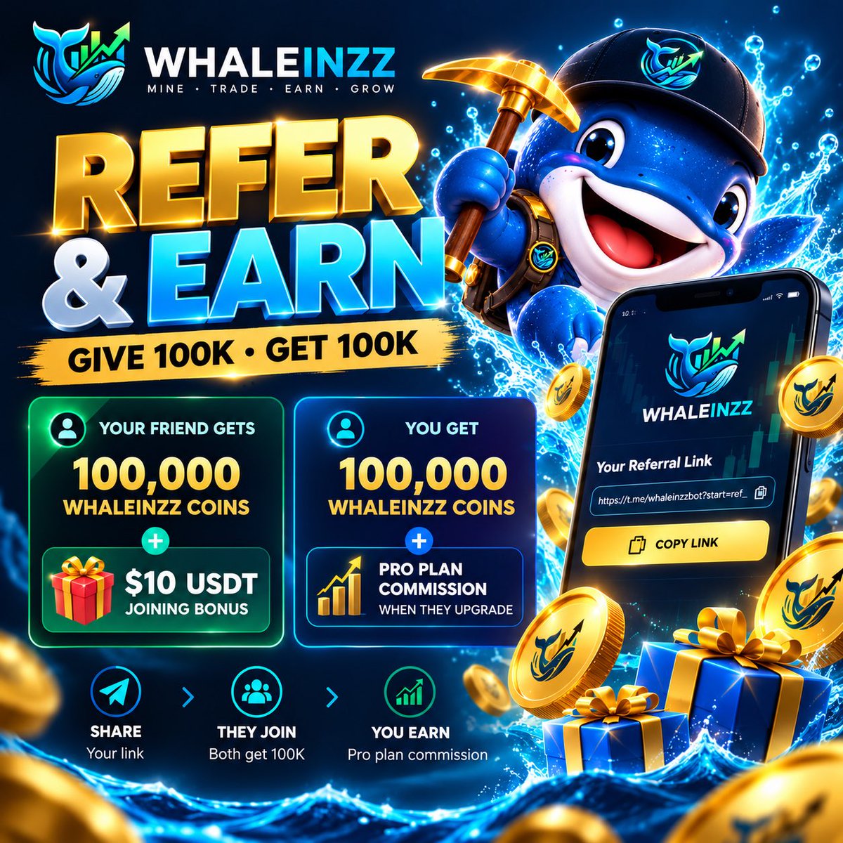 WHALEINZZ's tweet photo. 🐋 GROW TOGETHER WITH WHALEINZZ

🎁 They get: 100K WHALEINZZ Coins + 10 USDT joining bonus
🪙 You get: 100K WHALEINZZ Coins
💰 Plus Pro commission when they upgrade

Give 100K. Get 100K. Grow together. 🚀

👉 Join now:
https://t.co/ye1uwYC175

#WHALEINZZ #ReferAndEarn #Crypto https://t.co/HwEGsEeFED