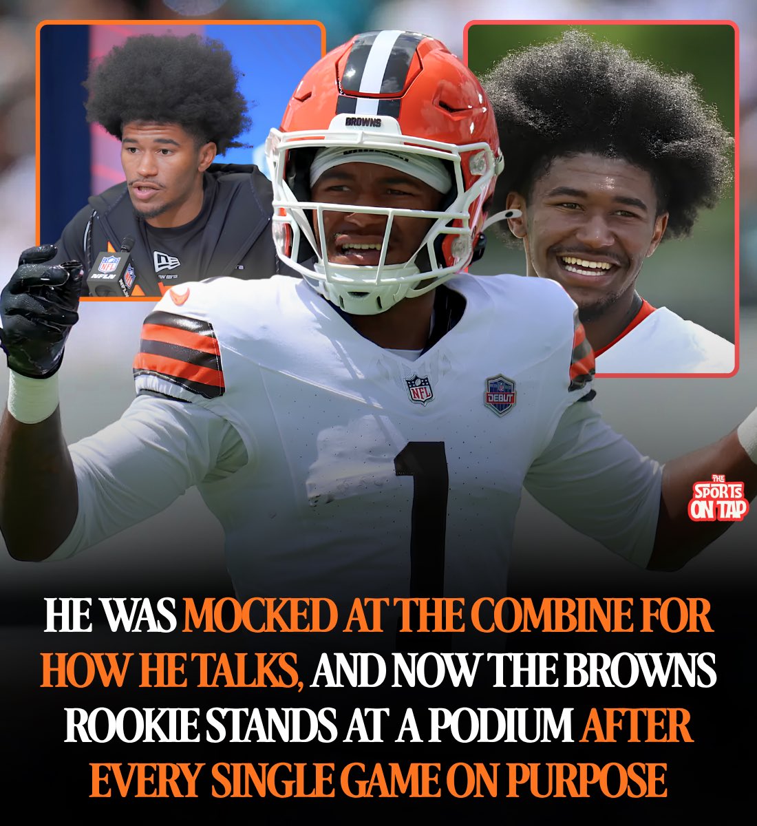 thesportsontap's tweet photo. KC Concepcion stands in front of the cameras after every single Cleveland Browns game.

He does it on purpose, and he has a stutter.

Here is what he says about why.

"I want to be a role model for those who are not able to speak in front of large crowds."

Understand what that costs him.

It started when he was small and playing quarterback. He could not get the play out of his mouth in the huddle, and the other kids would stand there and go hurry up, hurry, just say it.

At school it got worse. Here is what he wrote about the way classmates talked to him.

"Why can't you talk normal? Are you dumb or something?"

And here is how he describes the difference.

"Not with me, or even about me. At me."

The school put him in speech classes. Breathing exercises, pronunciation drills.

"Nothing seemed to be working."

Then one year ended and the thing just left. Over a summer it was gone, completely.

School started again and it came back.

"It's been with me ever since."

No teacher stepped in. Nobody at that school helped him with any of it, and he did not know one single person like him to look at and copy.

He had his mother. She told him to keep his chin up and that there was nothing wrong with him.

And he had football, where nobody cared how he talked.

He was born in Rochester, New York, and the family moved to Charlotte, North Carolina when he was three. He went to Julius L. Chambers High School there.

Two years at NC State. Then a year at Texas A&M, where he caught 61 passes for 919 yards and nine touchdowns and ran two punts back for scores.

Cleveland took him in the first round of the draft in April, 24th overall.

And at the scouting combine before that, grown adults on the internet made fun of the way he talked.

Here is what he said back.

"I cannot control this."

He laid all of that out himself, in a letter he wrote to NFL general managers before the draft, published in The Players' Tribune. Here is the line he ended it on.

"Whatever makes you different, that is not the thing holding you back."

Now the part that complicates it. He is a first round pick with a guaranteed contract and a platform most people never get near, and plenty of kids who stutter will never have either. Standing at a podium is not the same as being eleven years old in a classroom.

But he is the one who was eleven in that classroom.

And the kid who could not find a single person like himself to look up to decided the fix for that was to go stand in the light every week, on purpose, and let everybody hear him.