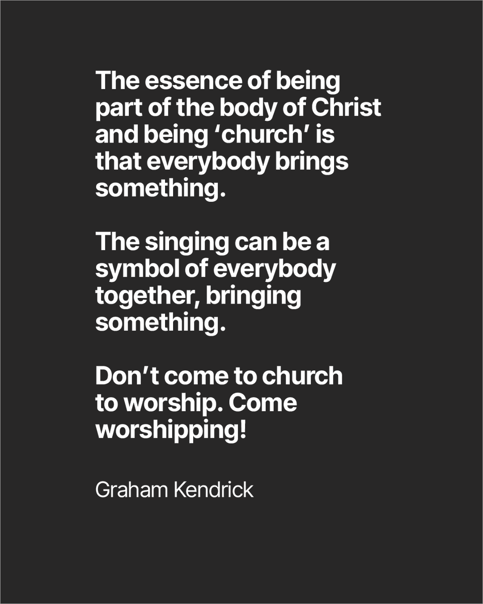 MakeWayMusic's tweet photo. The essence of being part of the body of Christ and being ‘church’ is that everybody brings something. The singing can be a symbol of everybody together, bringing something. Don’t come to church to worship. Come worshipping!
Graham Kendrick

#worship #grahamkendrick #unity https://t.co/QHrLN04Wgn