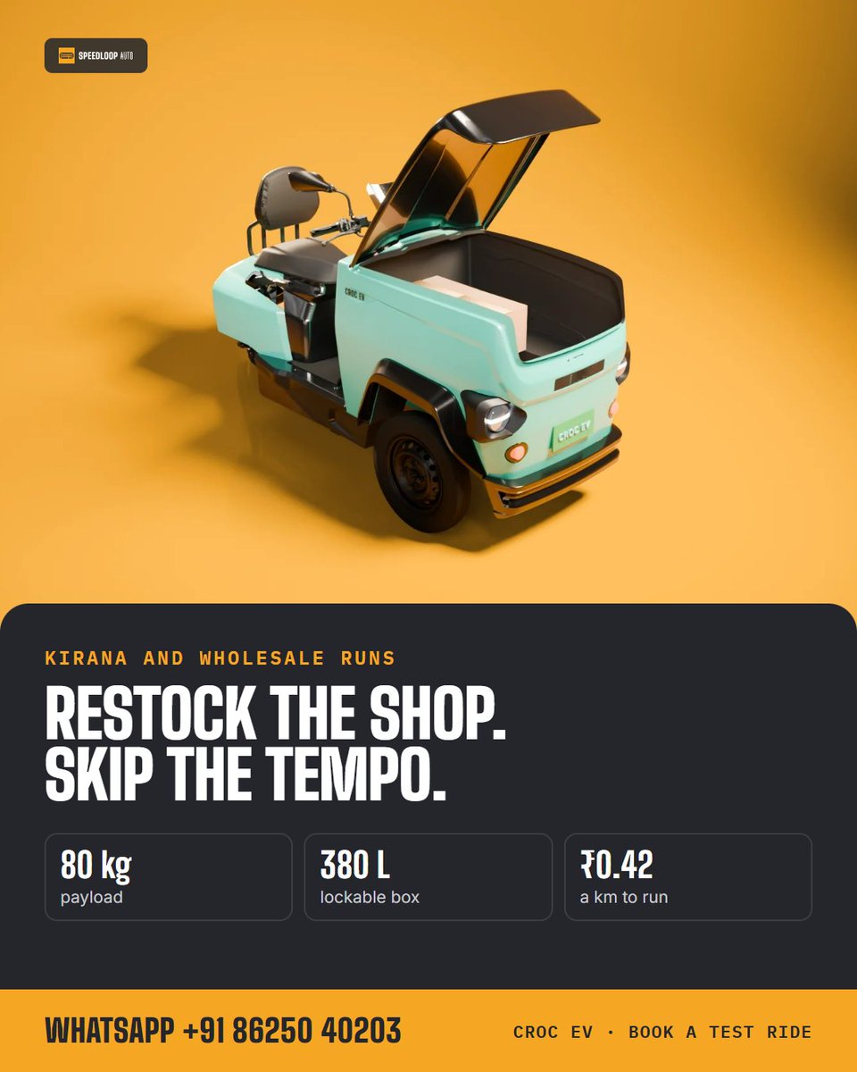 speedloop_auto's tweet photo. Morning restock too heavy for a scooter, too small for a tempo? CROC EV: 80 kg payload, 380 L lockable box, about ₹0.42 a km. WhatsApp +91 86250 40203. #CROCEV https://t.co/cTagS3PkXx
