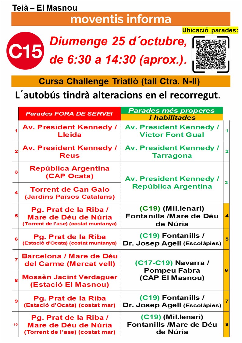 MoventisInfo's tweet photo. 🛑MARESME (2) (Ctra. N-II)
📆 Diumenge 25 d´octubre, de 6:30h a 14:30h (aprox.)
🚍 #C15 #C19 #C30 de #Moventis_CASAS
🚧 Ctra. N-II (Cursa Challenge Triatló)
📣🚏anul.lades i👉més properes

⚠️Preveieu desplaçaments amb antelació https://t.co/Zuv4D4Myc9