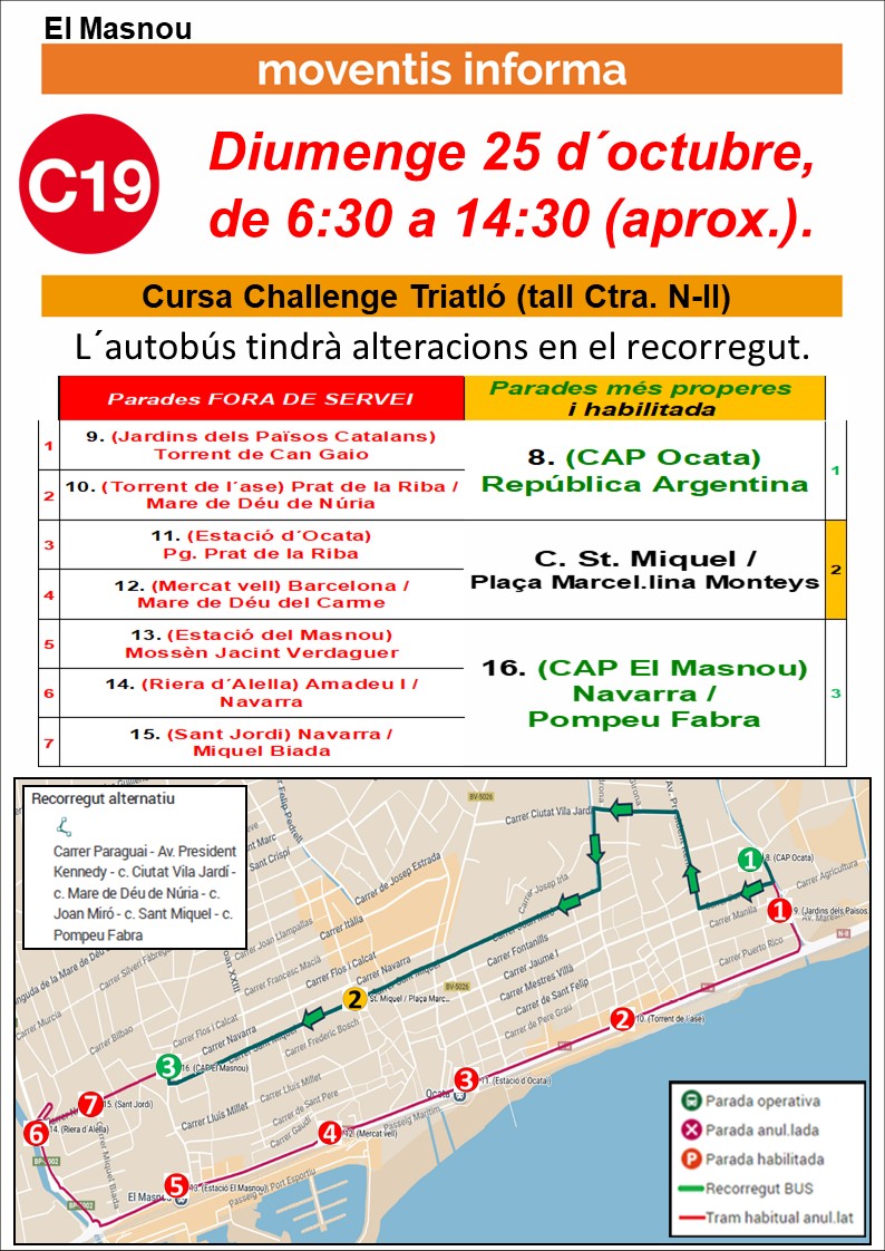 MoventisInfo's tweet photo. 🛑MARESME (2) (Ctra. N-II)
📆 Diumenge 25 d´octubre, de 6:30h a 14:30h (aprox.)
🚍 #C15 #C19 #C30 de #Moventis_CASAS
🚧 Ctra. N-II (Cursa Challenge Triatló)
📣🚏anul.lades i👉més properes

⚠️Preveieu desplaçaments amb antelació https://t.co/Zuv4D4Myc9