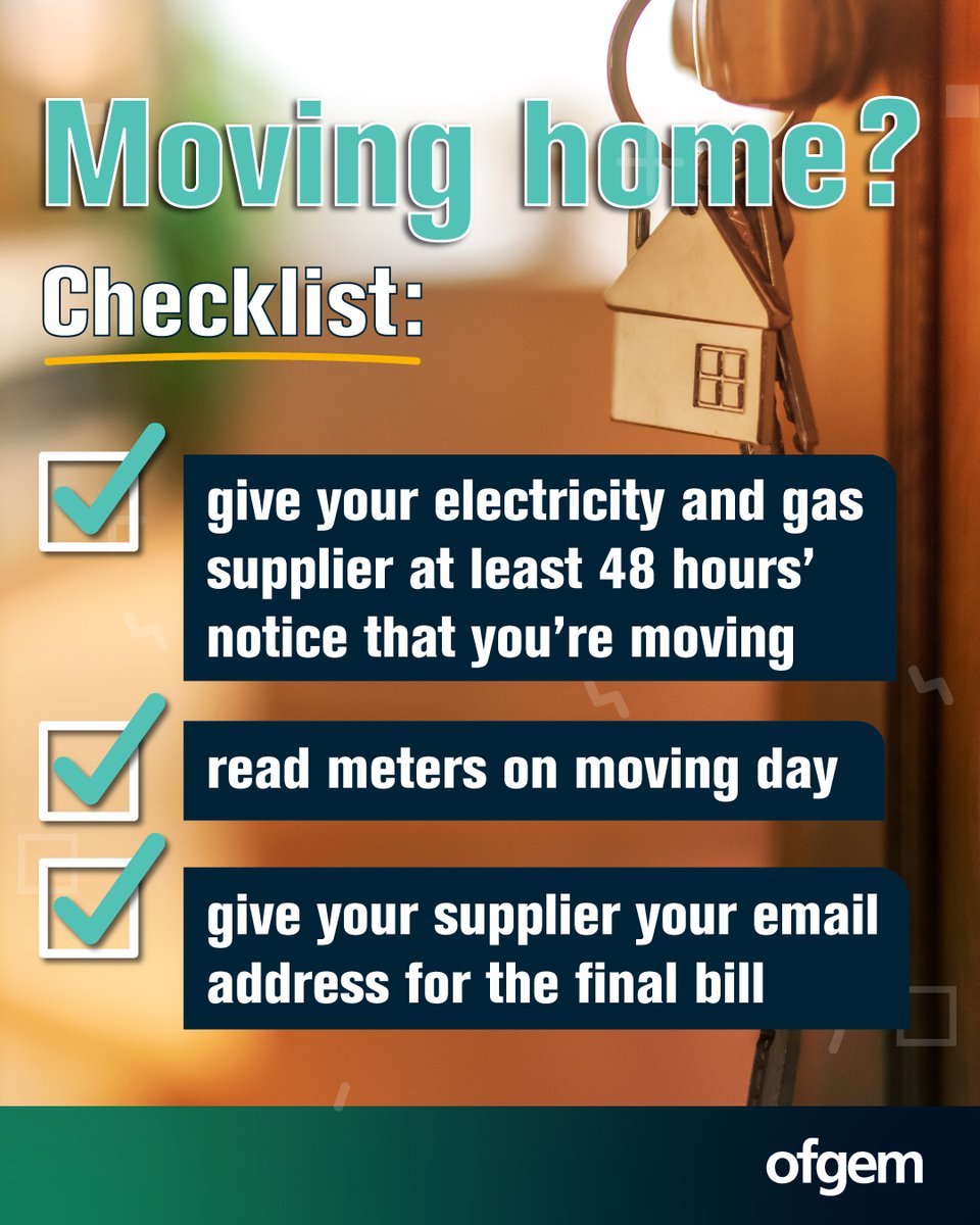 ofgem's tweet photo. 🏠 Moving home can be stressful, but don’t forget about your energy supplier!

Give notice and provide meter readings and a forwarding address to ensure a smooth transition.

Tap our link in bio for more. https://t.co/PBIm3IJcTf